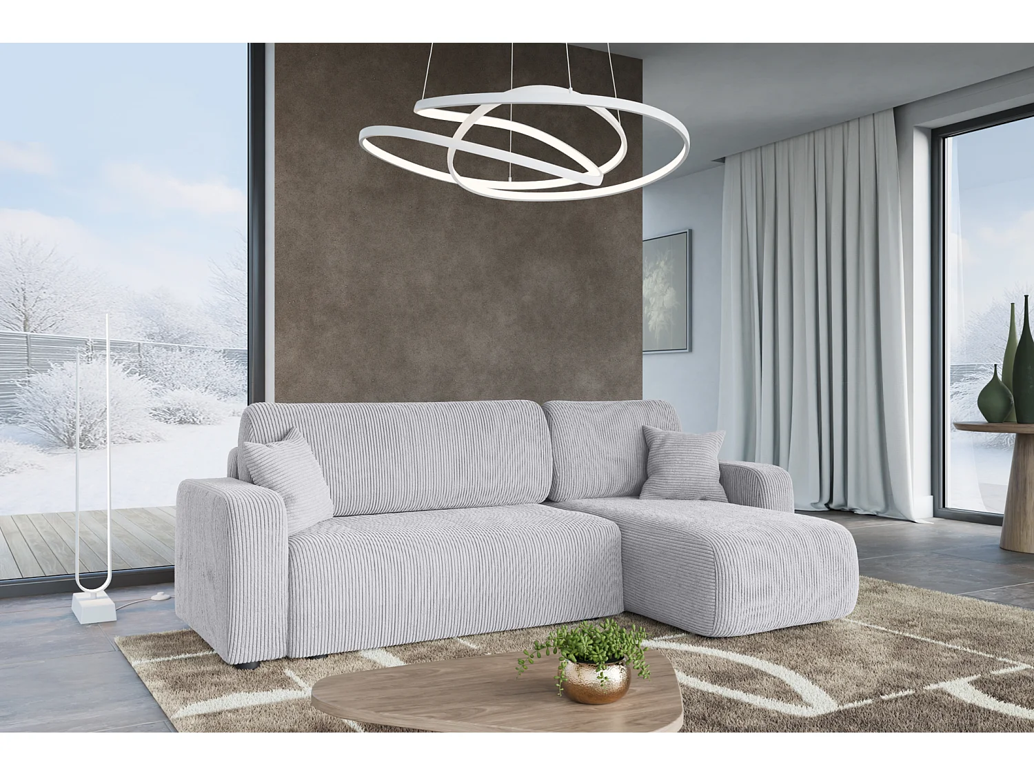 Canapé d'Angle réversible convertible avec fonction de couchage Piano L coffre universel en velours côtelé gris clair du fabricant - VINOTTI