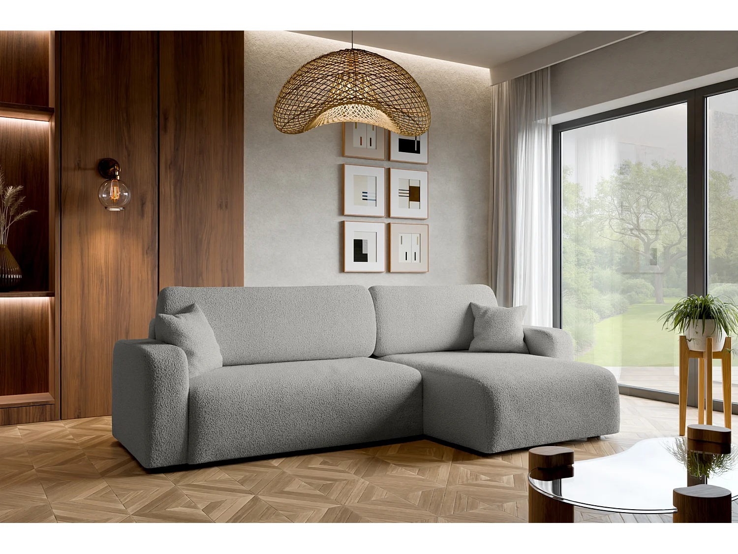 Canapé d'Angle réversible convertible avec fonction de couchage Piano XL coffre universel en tissu bouclé gris du fabricant - VINOTTI