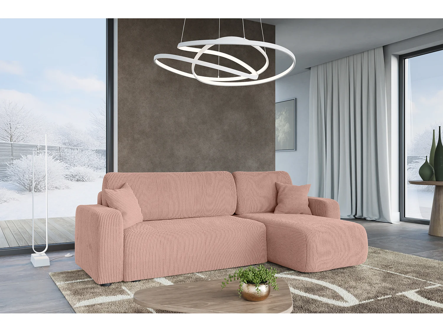 Canapé d'Angle réversible convertible avec fonction de couchage Piano L coffre universel en velours côtelé Rose poudré du fabricant - VINOTTI