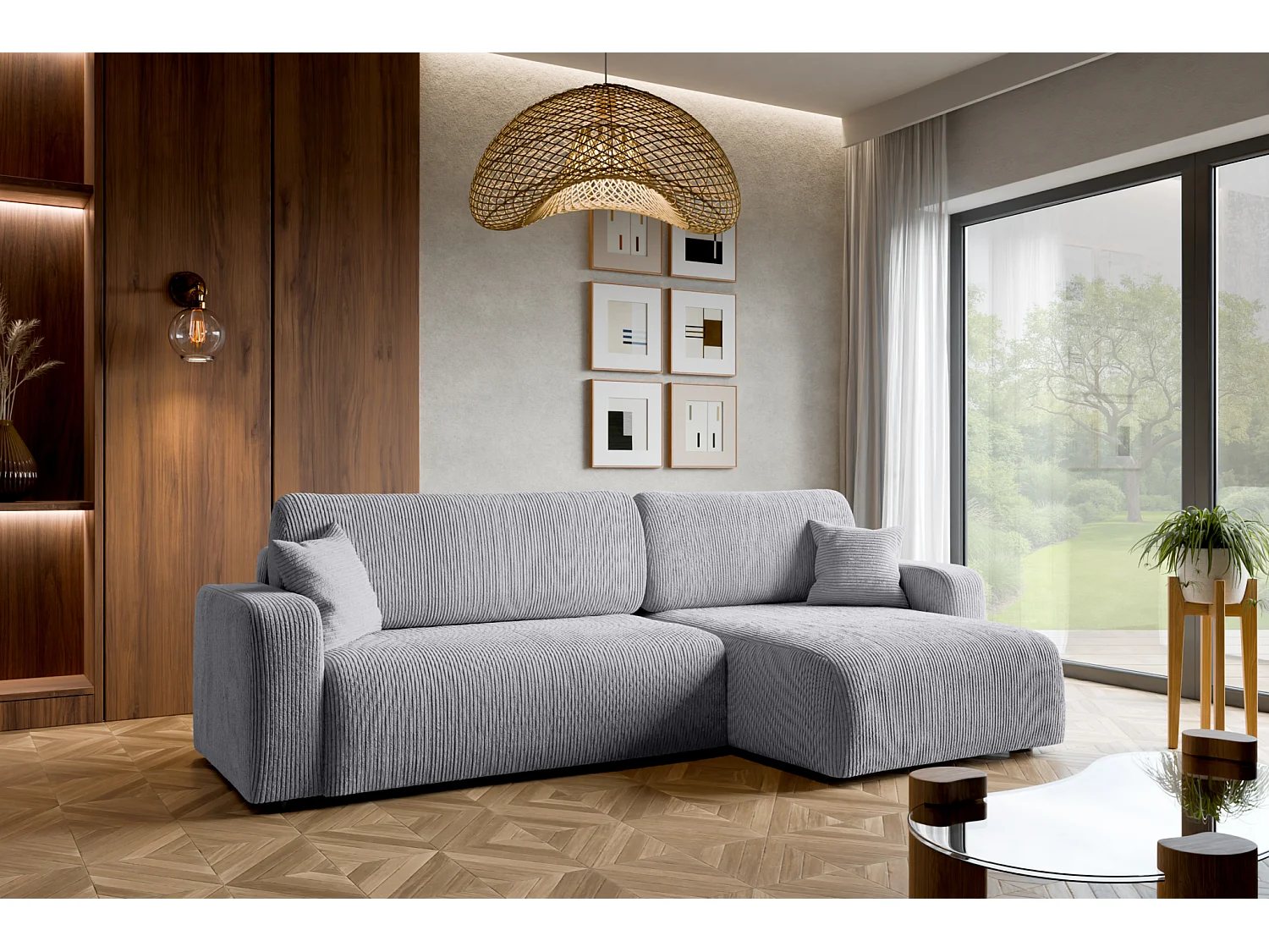 Canapé d'Angle réversible convertible avec fonction de couchage Piano XL coffre universel en velours côtelé gris clair du fabricant - VINOTTI