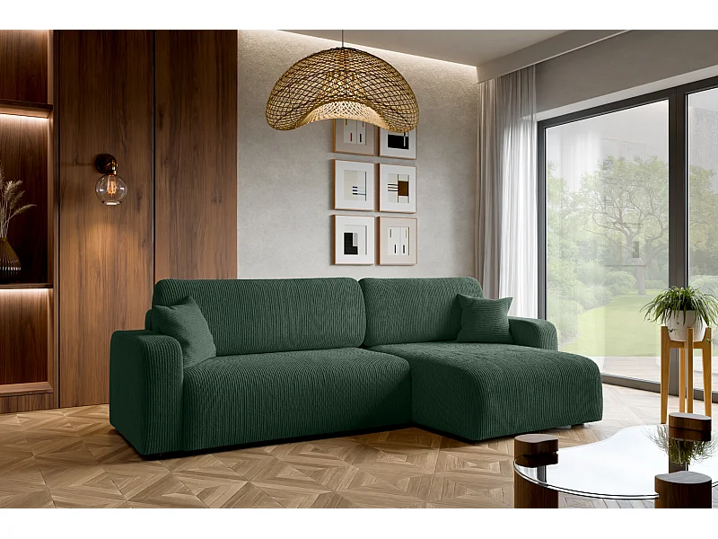 Canapé d'Angle réversible convertible avec fonction de couchage Piano XL coffre universel en velours côtelé vert bouteille du fabricant - VINOTTI