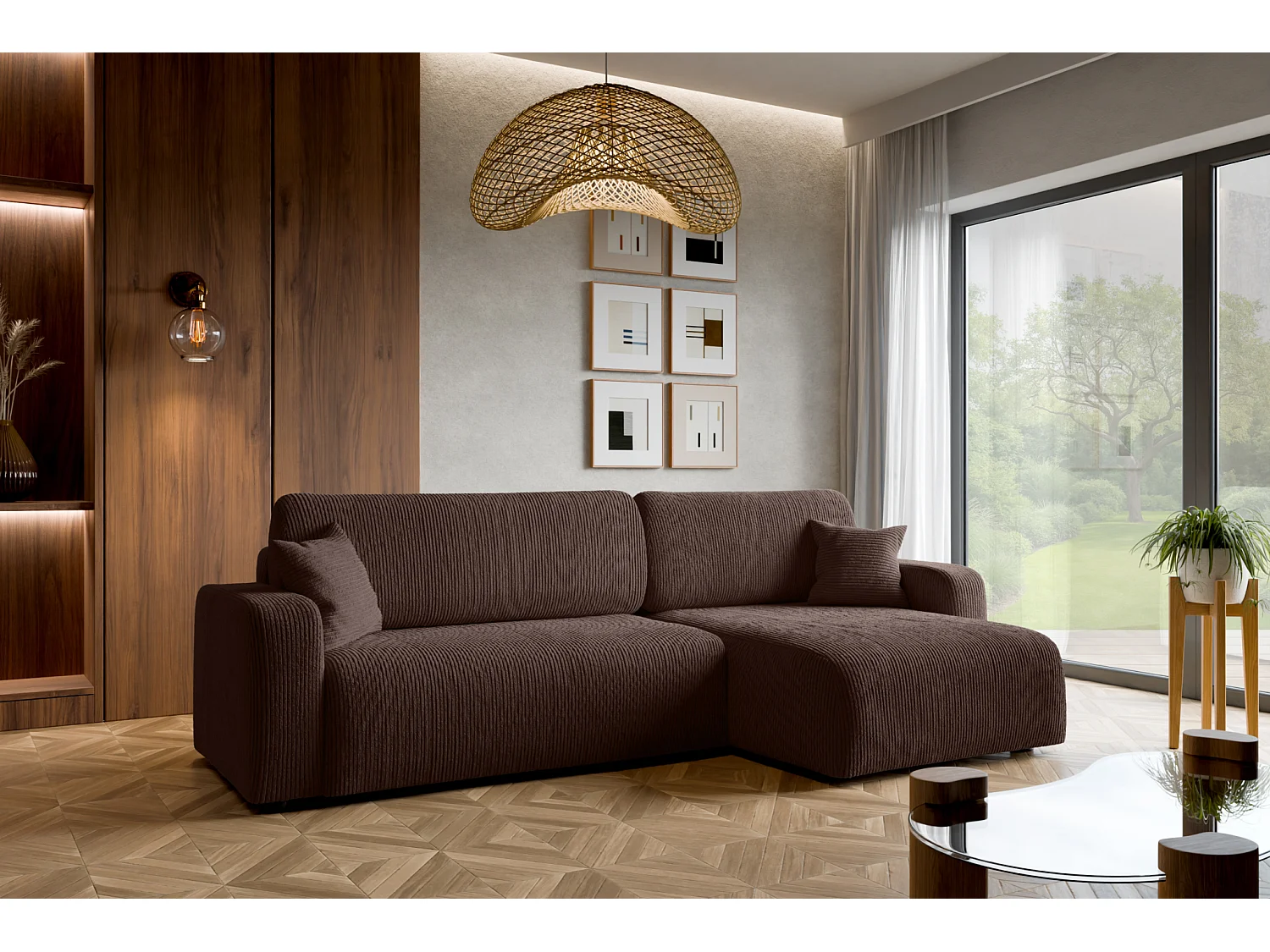 Canapé d'Angle réversible convertible avec fonction de couchage Piano XLcoffre universel en velours côtelé brun chocolat du fabricant - VINOTTI