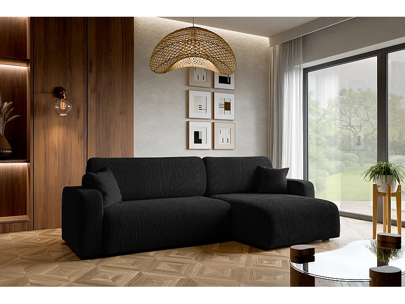 Canapé d'Angle réversible convertible avec fonction de couchage Piano XL coffre universel en velours côtelé noir du fabricant - VINOTTI