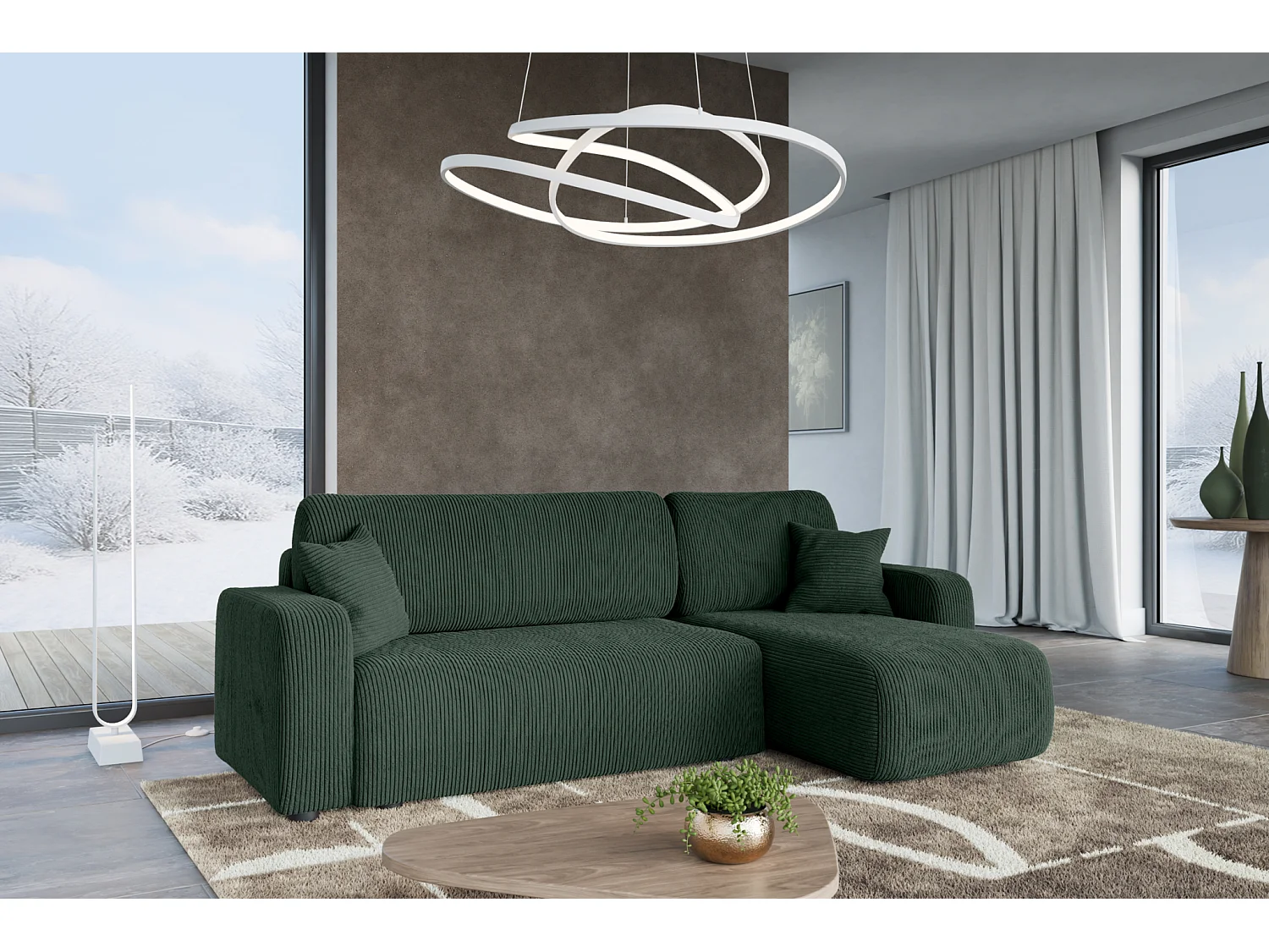 Canapé d'Angle réversible convertible avec fonction de couchage Piano L coffre universel en velours côtelé vert bouteille du fabricant - VINOTTI