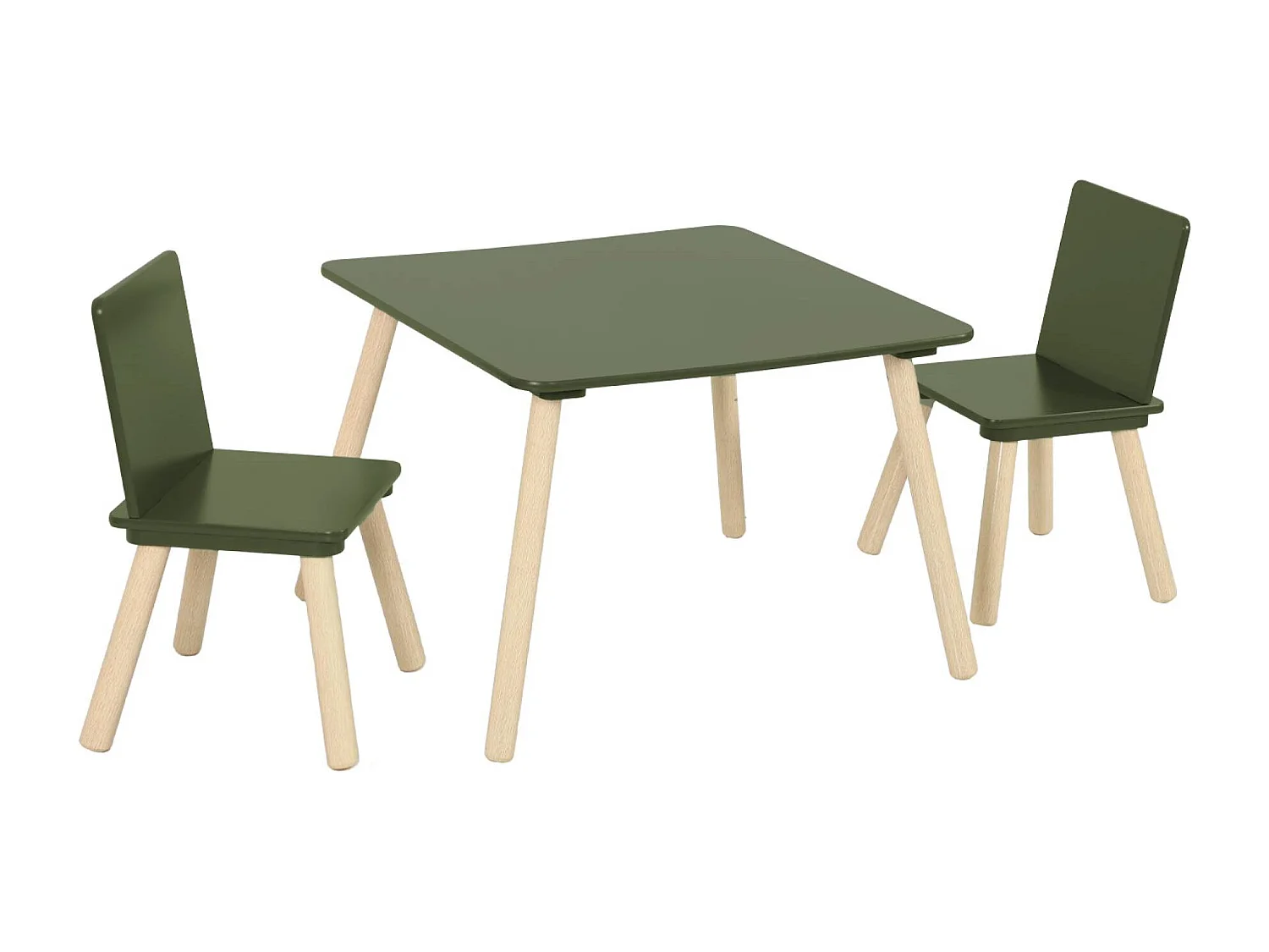 Table carrée enfant avec 2 chaises. pieds en pin. vert olive