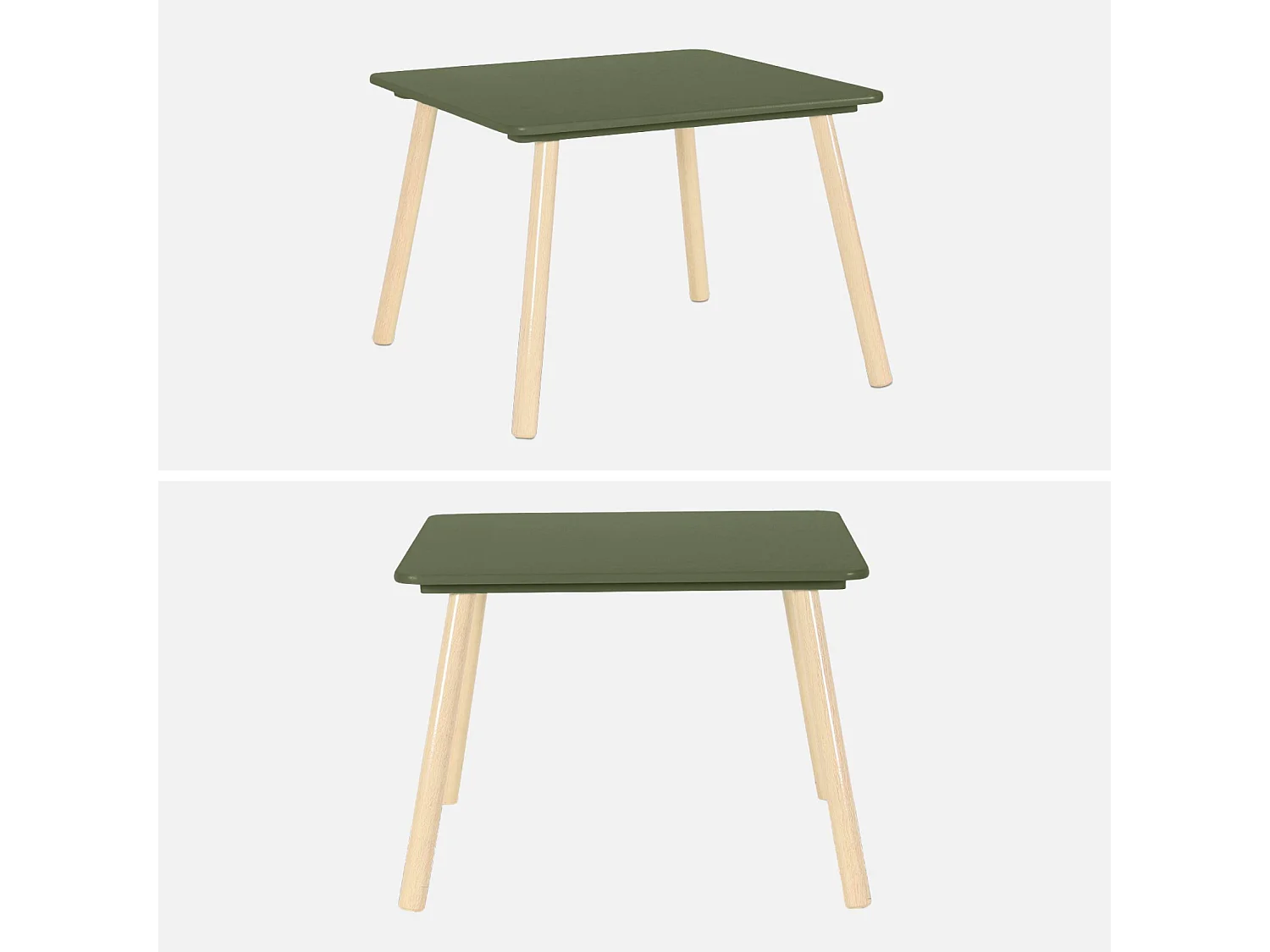 Table carrée enfant avec 2 chaises. pieds en pin. vert olive