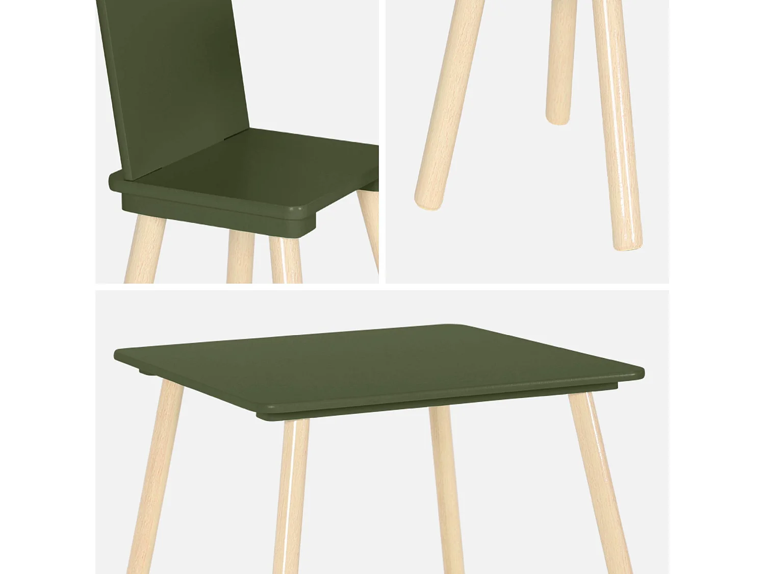 Table carrée enfant avec 2 chaises. pieds en pin. vert olive