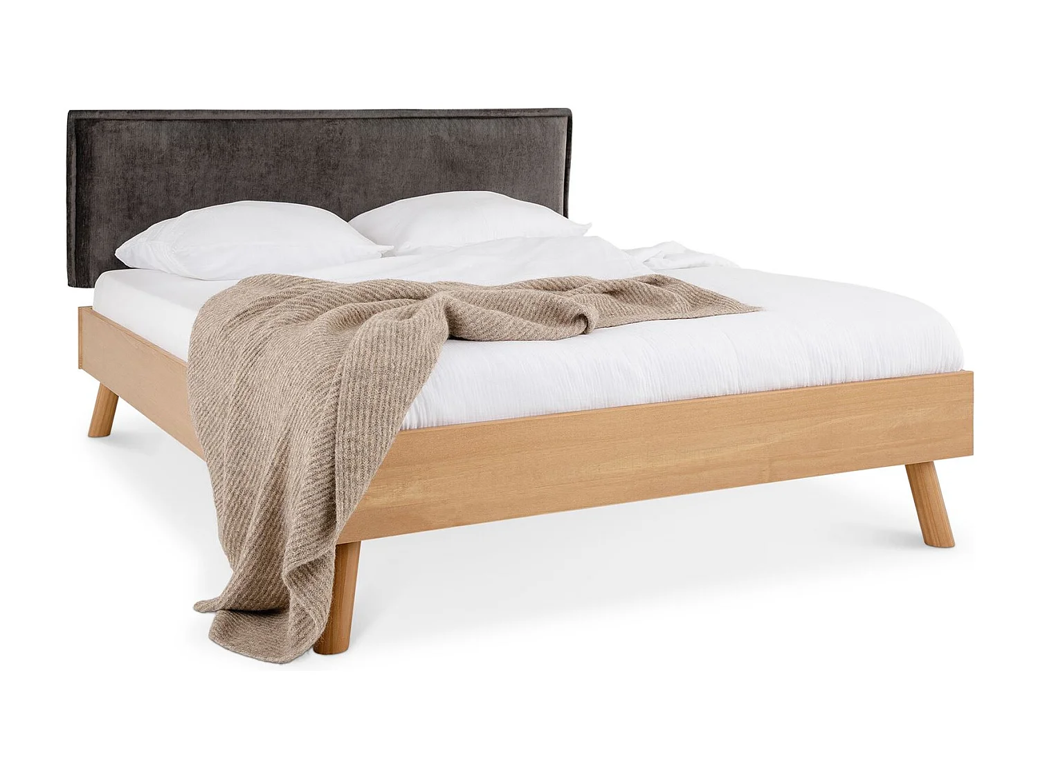 Ensemble lit futon avec tête de lit KARRI double pour adulte, 140 x 200 cm, en bois massif, couleur gris et chêne