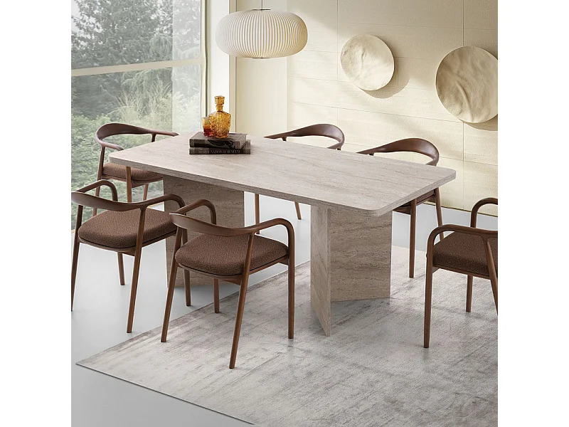Sam - Table à manger rectangulaire 8 personnes effet travertin - Beige