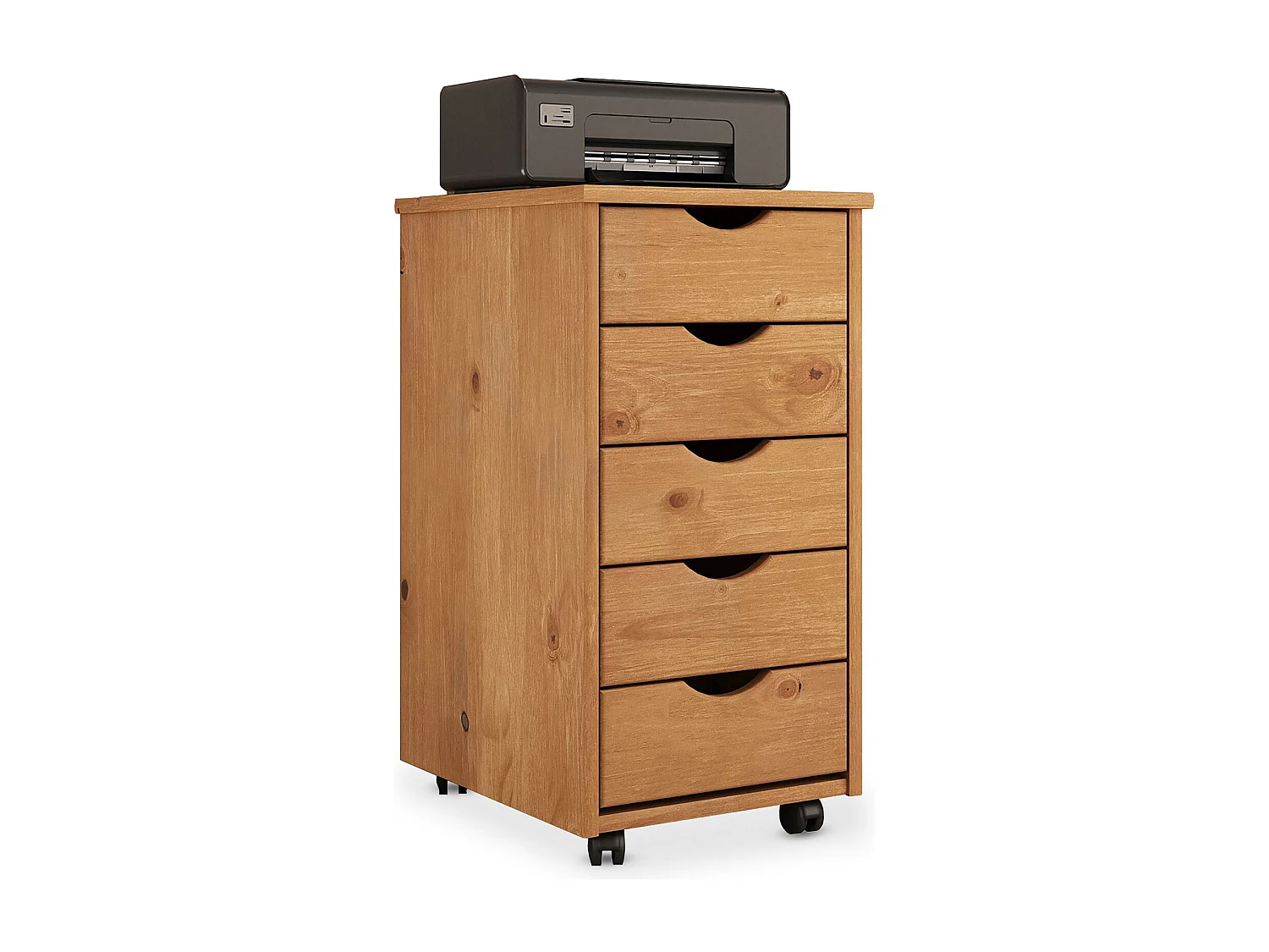 Caisson de bureau LAGOS meuble de rangement sur roulettes avec 5 tiroirs, en pin massif couleur chêne