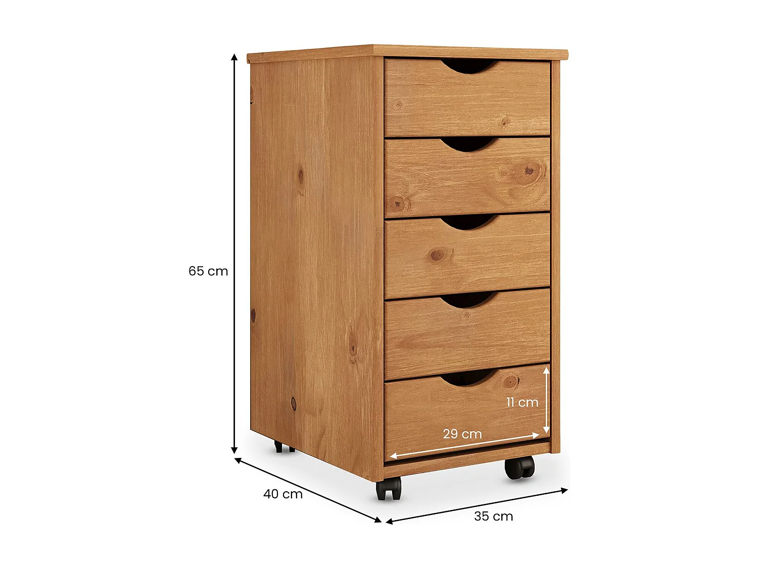 Caisson de bureau LAGOS meuble de rangement sur roulettes avec 5 tiroirs, en pin massif couleur chêne