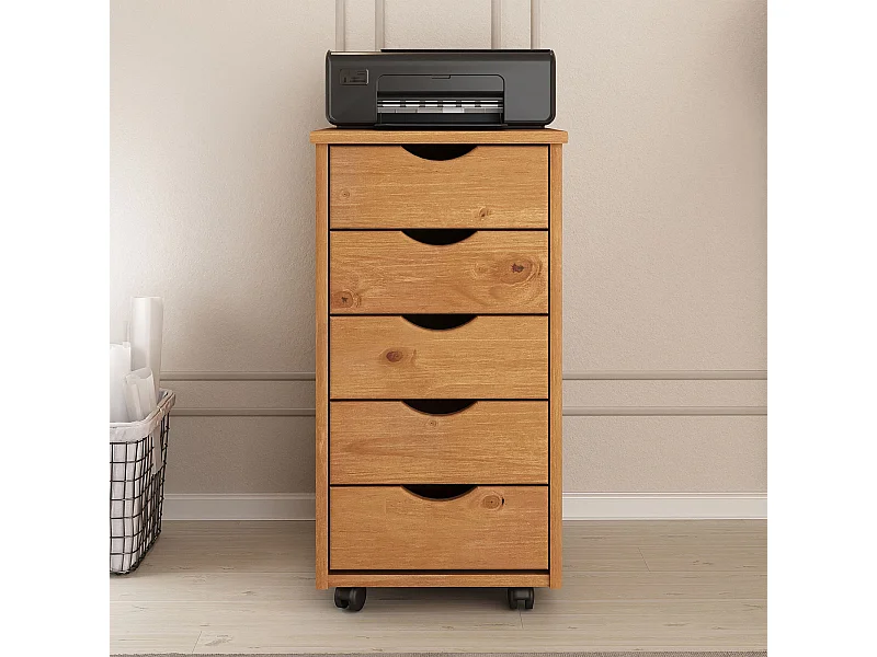 Caisson de bureau LAGOS meuble de rangement sur roulettes avec 5 tiroirs, en pin massif couleur chêne