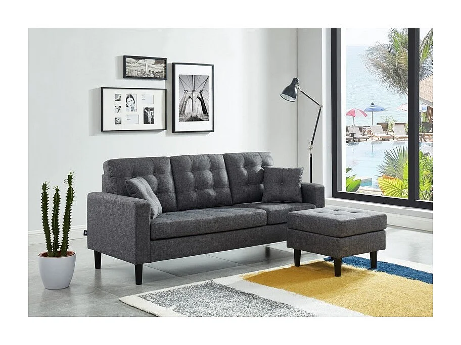 Canapé d'angle MIRISA en tissu gris et pieds en bois 4 places et 2 coussins inclus