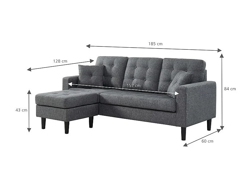 Canapé d'angle MIRISA en tissu gris et pieds en bois 4 places et 2 coussins inclus