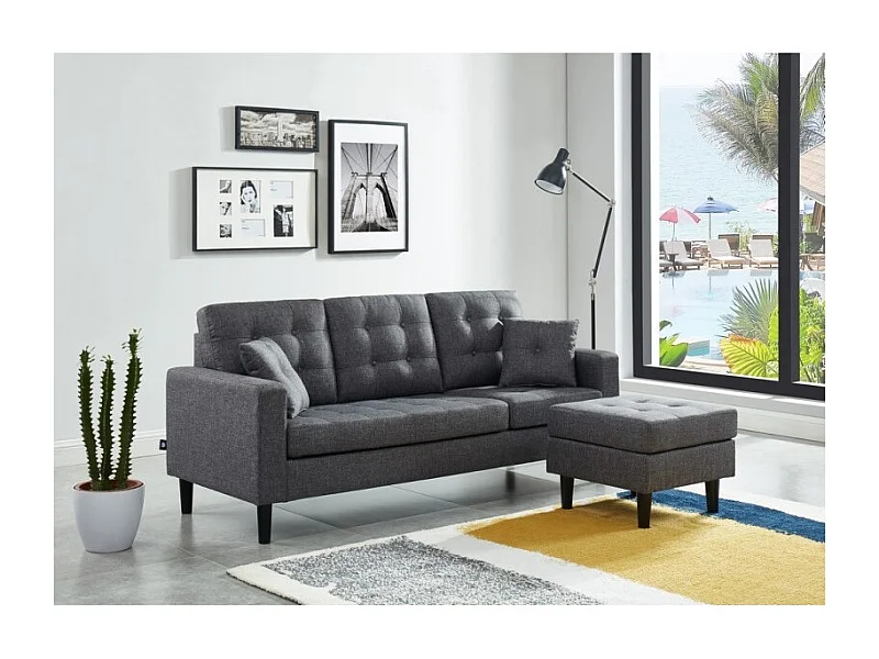 Canapé d'angle MIRISA en tissu gris et pieds en bois 4 places et 2 coussins inclus