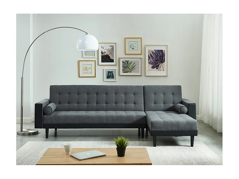 Canapé d'angle convertible LUXURY 4 places en tissu gris et PU noir avec angle réversible