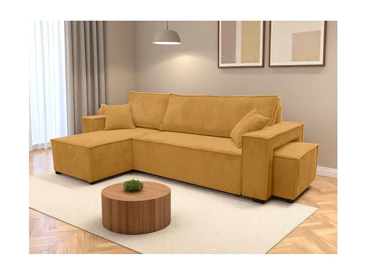 Canapé FARAH d'angle réversible et convertible 4 places avec un pouf en velours côtelé - Jaune