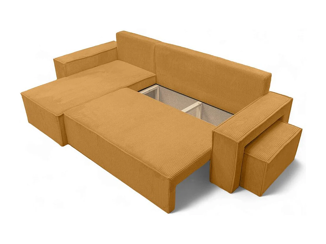 Canapé FARAH d'angle réversible et convertible 4 places avec un pouf en velours côtelé - Jaune