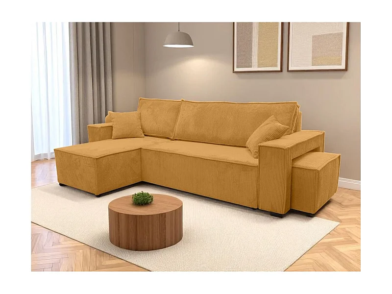 Canapé FARAH d'angle réversible et convertible 4 places avec un pouf en velours côtelé - Jaune