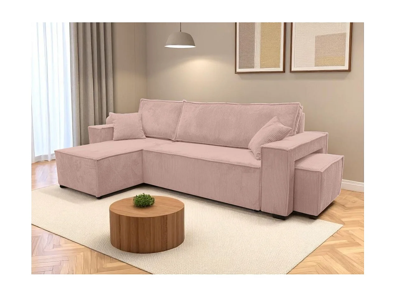 Canapé FARAH d'angle réversible et convertible 4 places avec un pouf en velours côtelé - Rose
