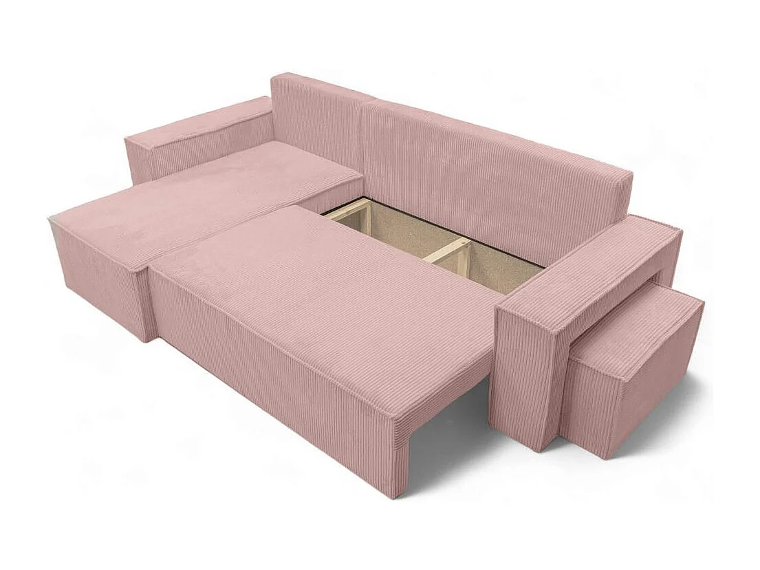 Canapé FARAH d'angle réversible et convertible 4 places avec un pouf en velours côtelé - Rose