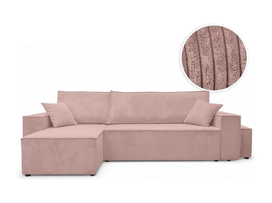 Canapé FARAH d'angle réversible et convertible 4 places avec un pouf en velours côtelé - Rose