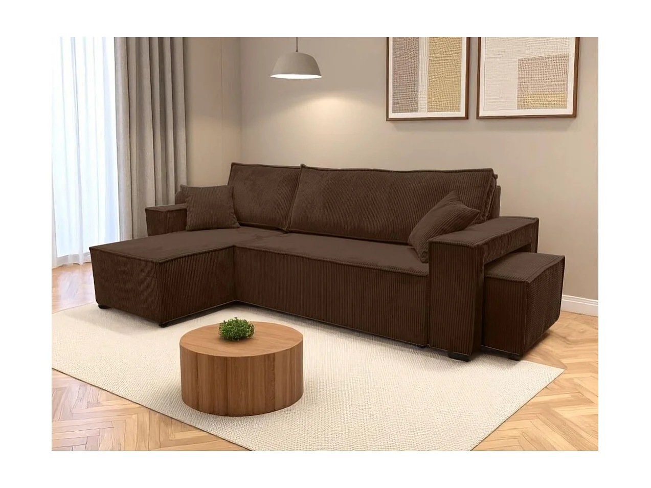 Canapé FARAH d'angle réversible et convertible 4 places avec un pouf en velours côtelé - Marron