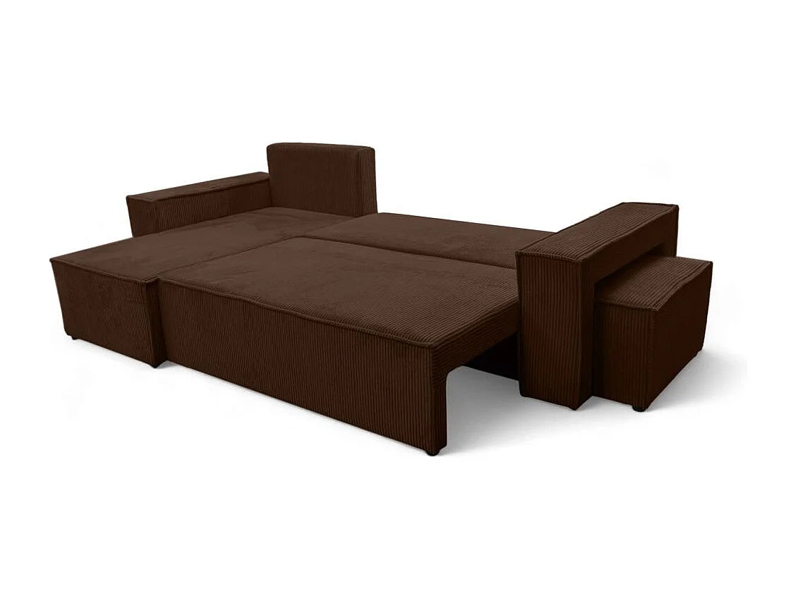 Canapé FARAH d'angle réversible et convertible 4 places avec un pouf en velours côtelé - Marron