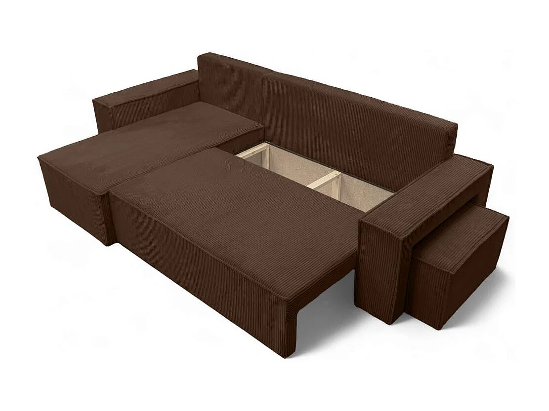 Canapé FARAH d'angle réversible et convertible 4 places avec un pouf en velours côtelé - Marron