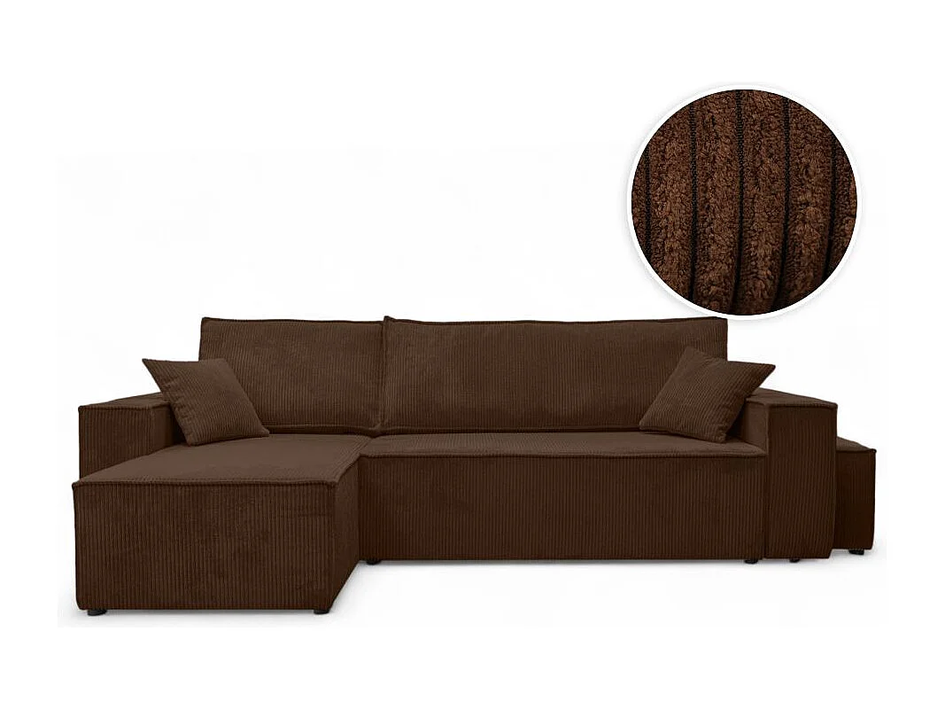 Canapé FARAH d'angle réversible et convertible 4 places avec un pouf en velours côtelé - Marron