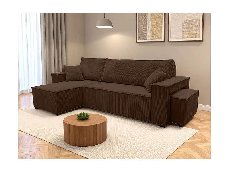 Canapé FARAH d'angle réversible et convertible 4 places avec un pouf en velours côtelé - Marron