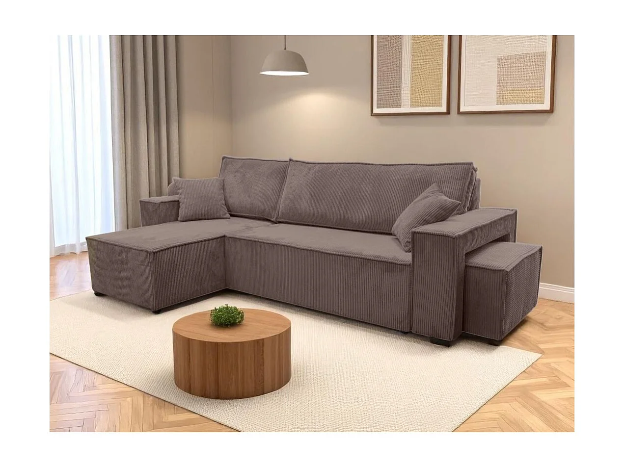 Canapé FARAH d'angle réversible et convertible 4 places avec un pouf en velours côtelé - Marron glacé