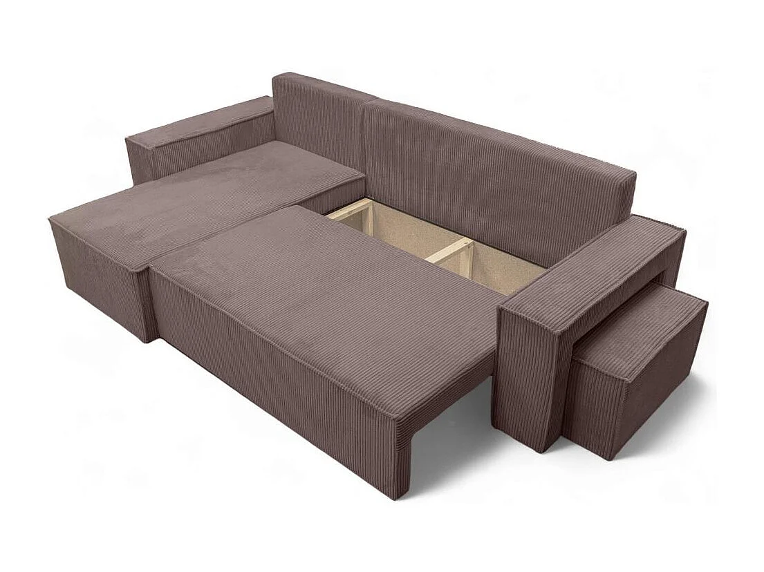 Canapé FARAH d'angle réversible et convertible 4 places avec un pouf en velours côtelé - Marron glacé