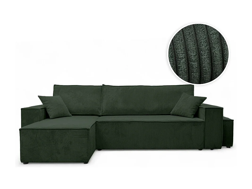 Canapé FARAH d'angle réversible et convertible 4 places avec un pouf en velours côtelé - Vert foncé