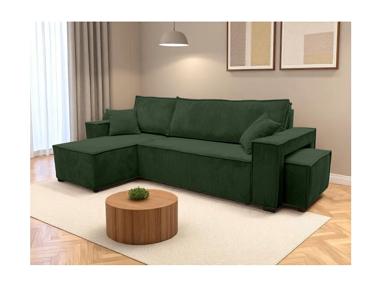 Canapé FARAH d'angle réversible et convertible 4 places avec un pouf en velours côtelé - Vert foncé