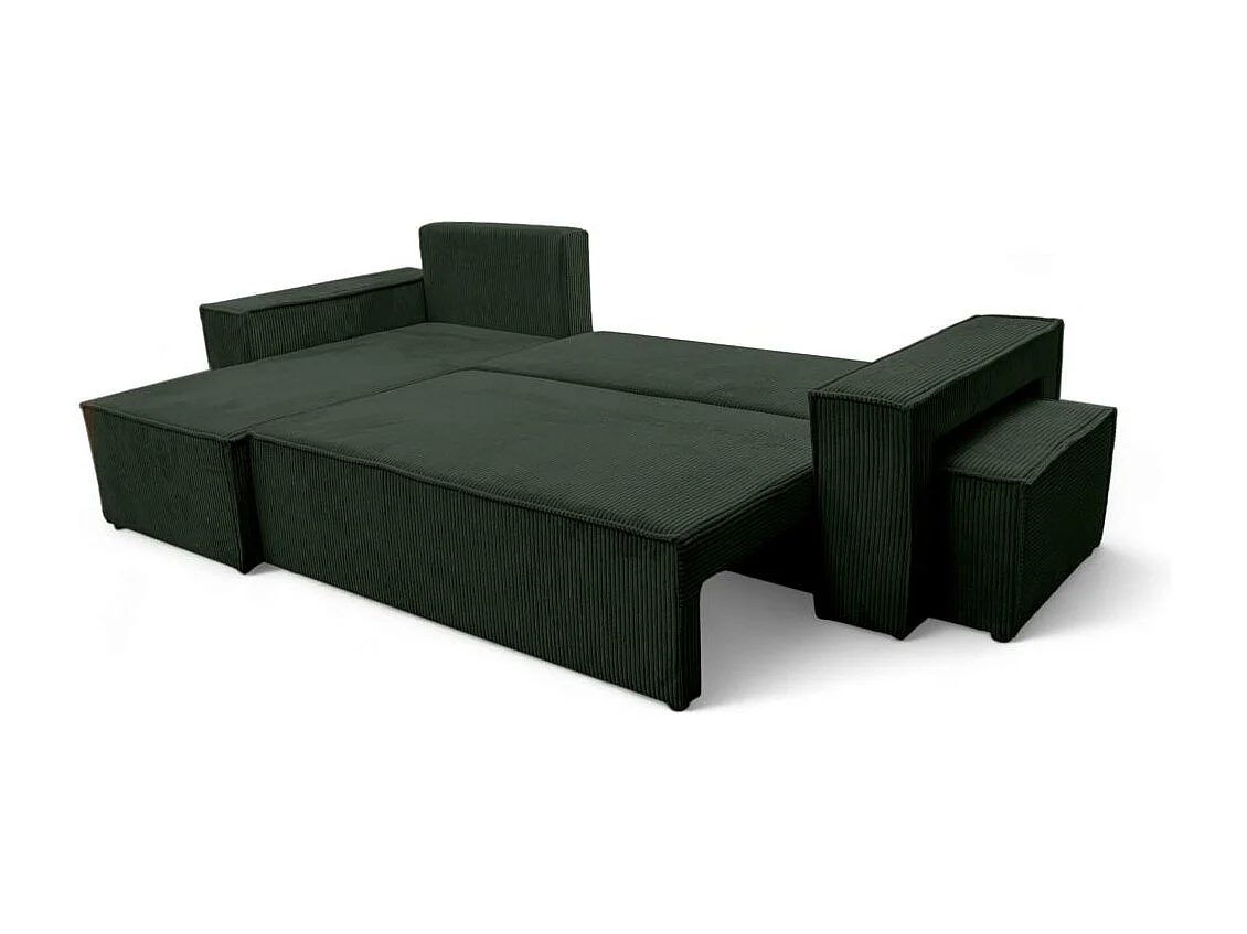 Canapé FARAH d'angle réversible et convertible 4 places avec un pouf en velours côtelé - Vert foncé