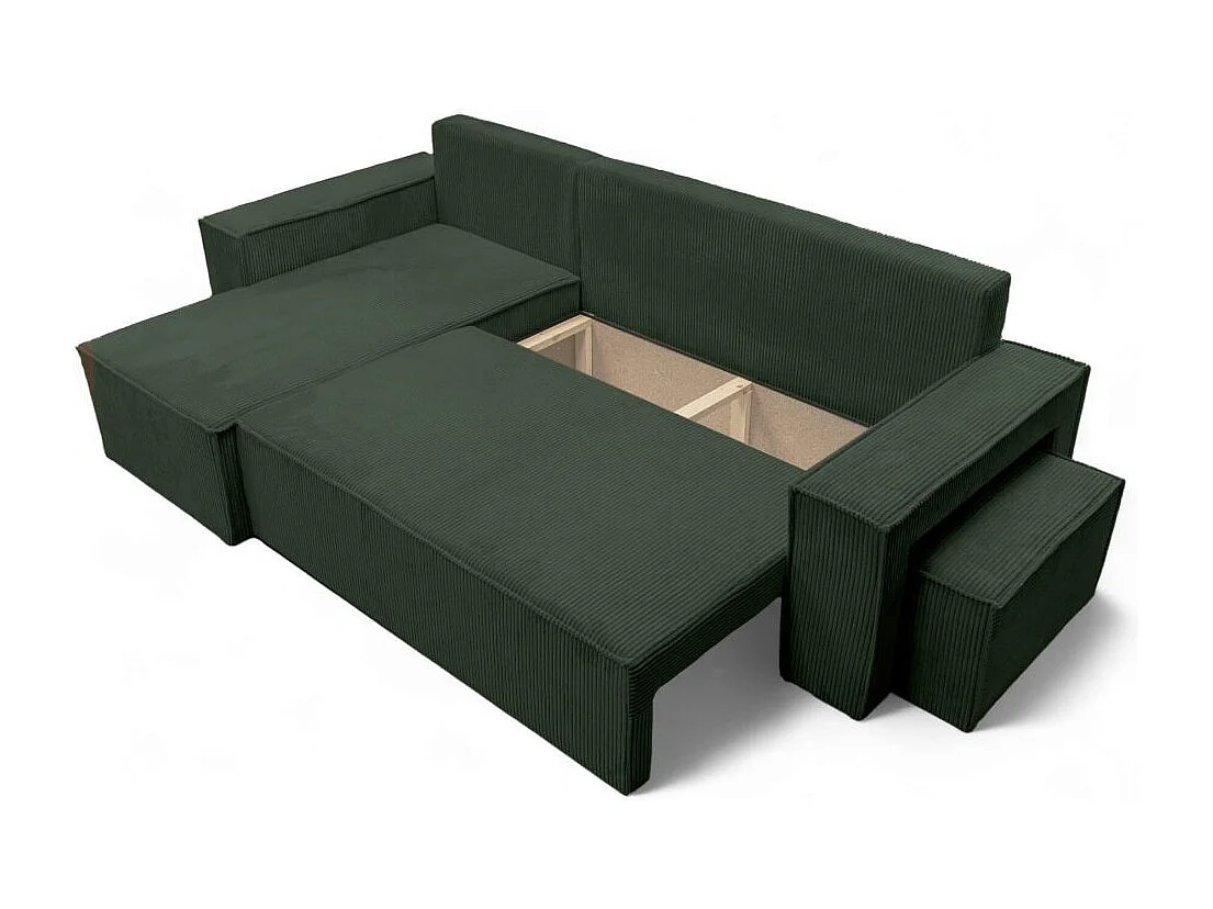 Canapé FARAH d'angle réversible et convertible 4 places avec un pouf en velours côtelé - Vert foncé