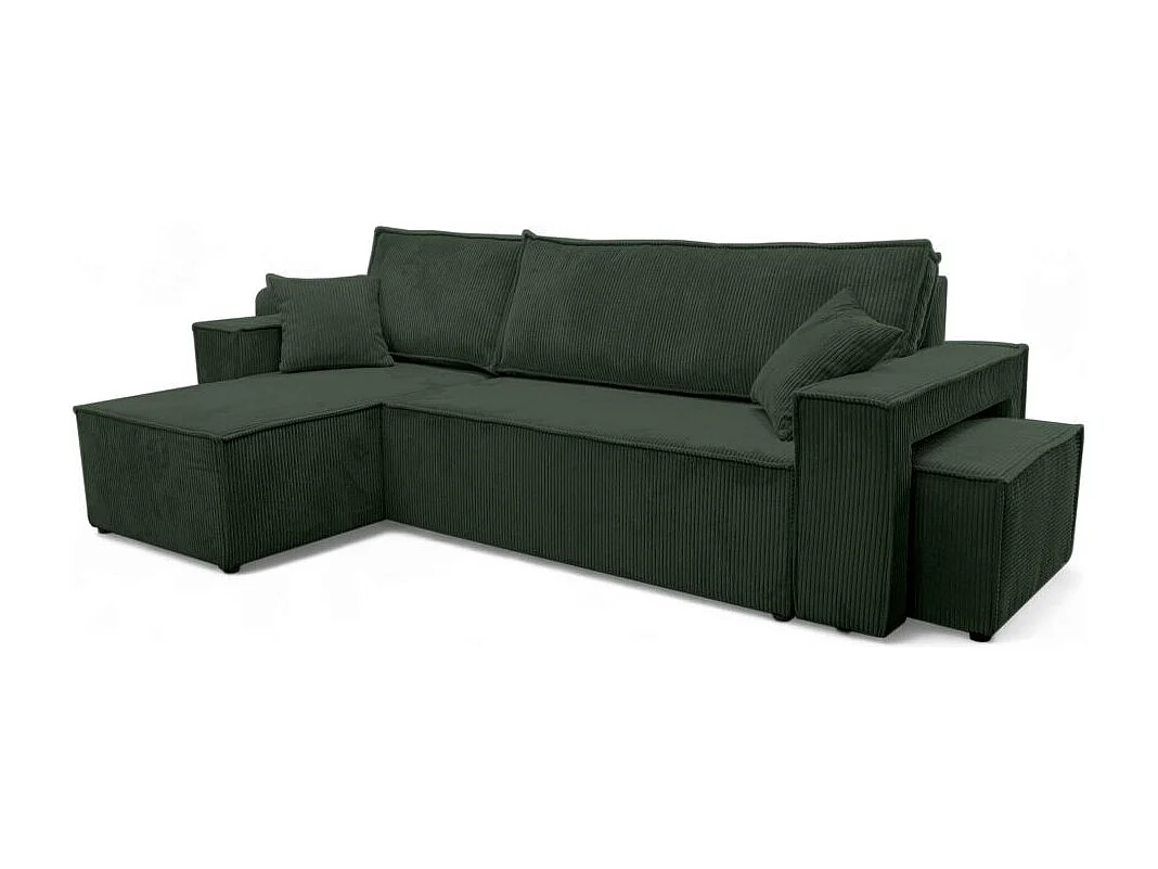 Canapé FARAH d'angle réversible et convertible 4 places avec un pouf en velours côtelé - Vert foncé