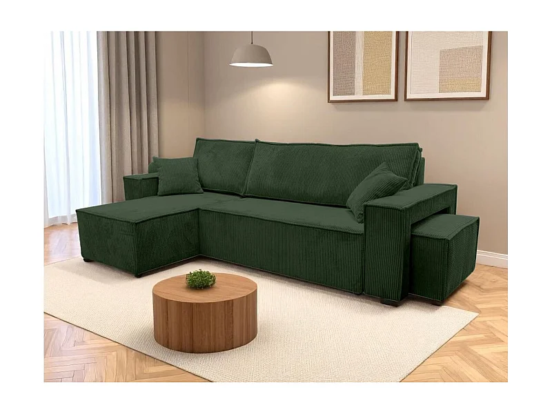 Canapé FARAH d'angle réversible et convertible 4 places avec un pouf en velours côtelé - Vert foncé