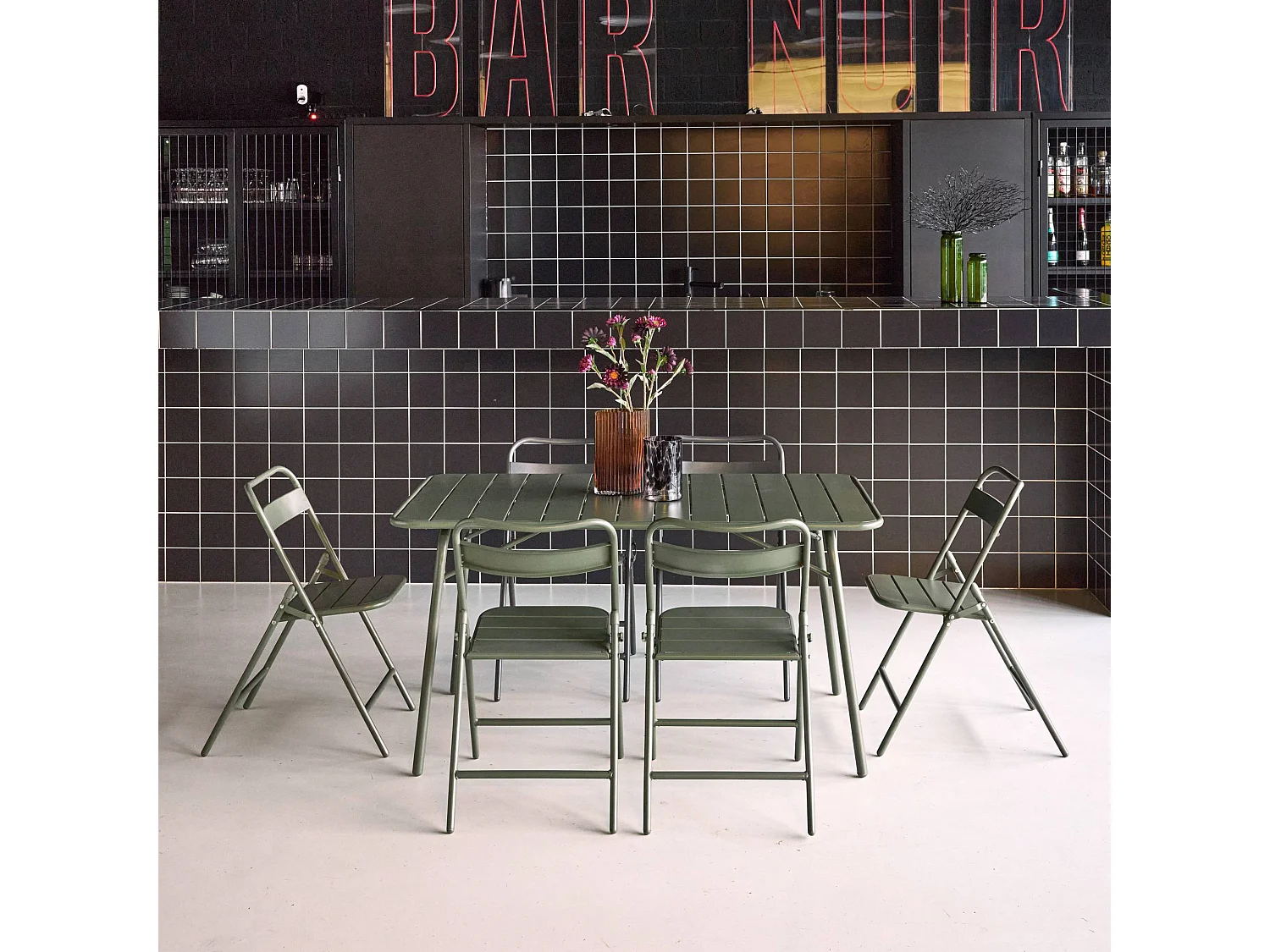 Tavolo da giardino pieghevole in metallo , 6 sedute, verde kaki