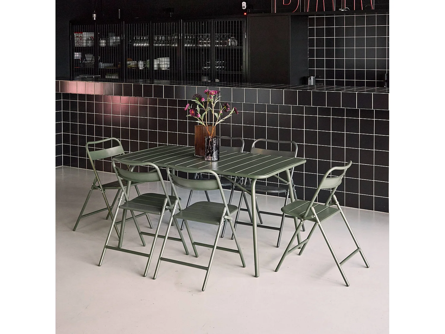 Tavolo da giardino pieghevole in metallo , 6 sedute, verde kaki