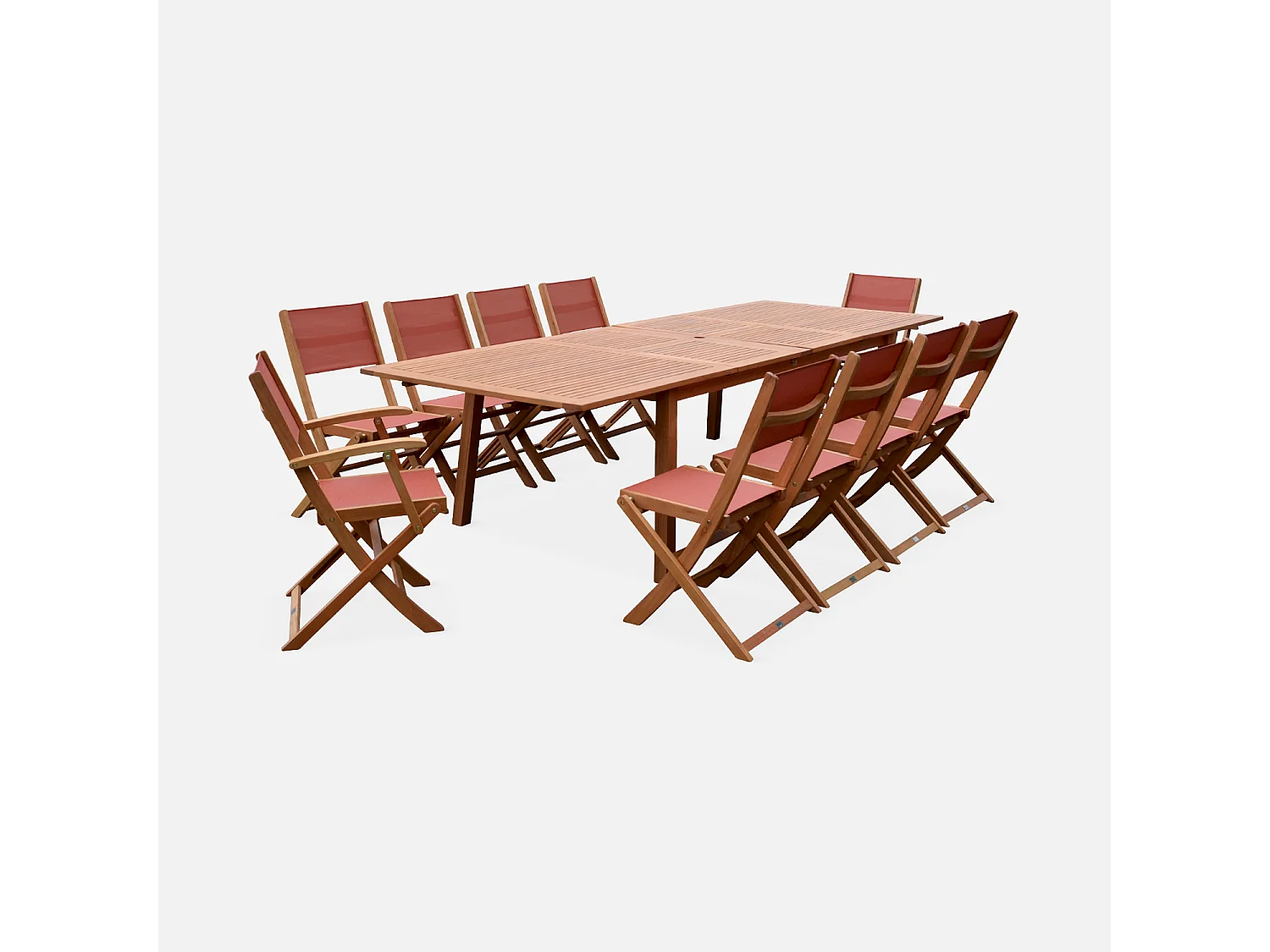 Set tavolo da giardino allungabile in legno con 10 sedie, marrone