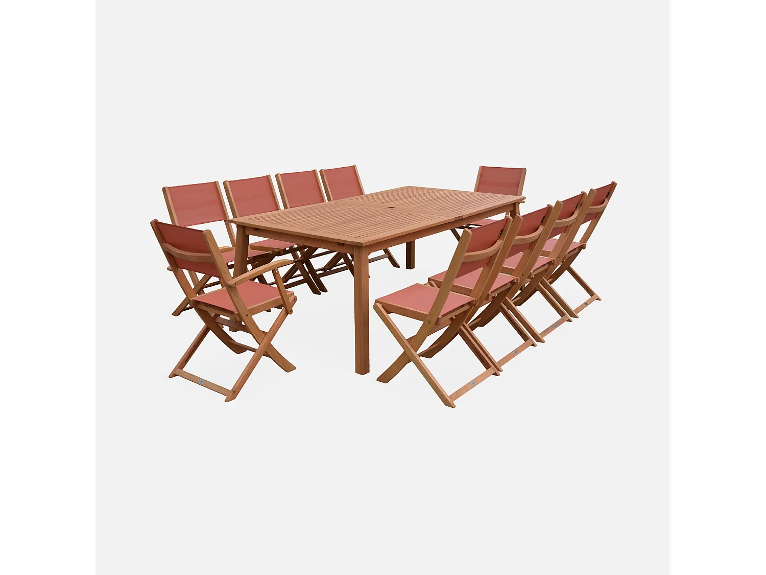 Set tavolo da giardino allungabile in legno con 10 sedie, marrone