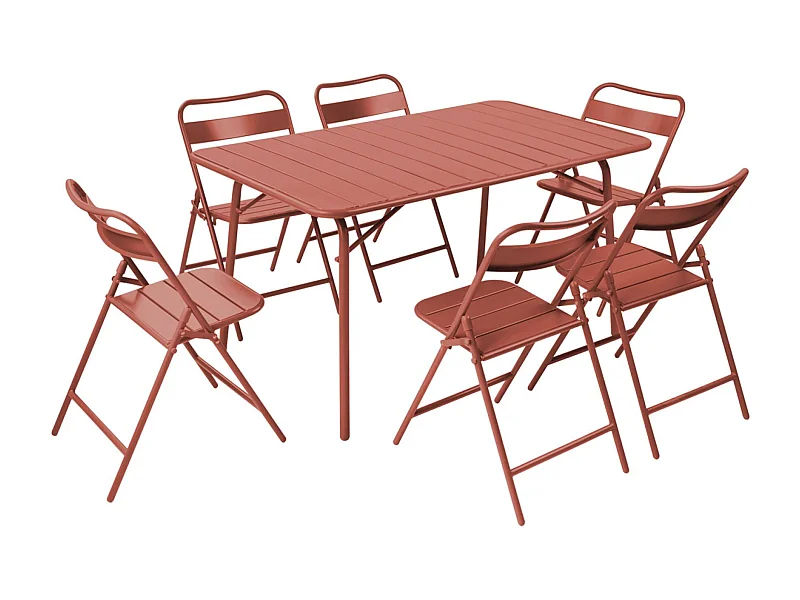 Table de jardin pliante métal + 6 assises terracotta. Amelia 141.2 x 80 x 72.5cm