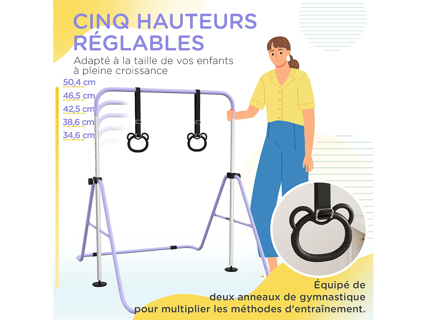 Portique d'anneaux double haubanage hauteur réglable dim. 148L x 105l x 88-128H cm acier violet