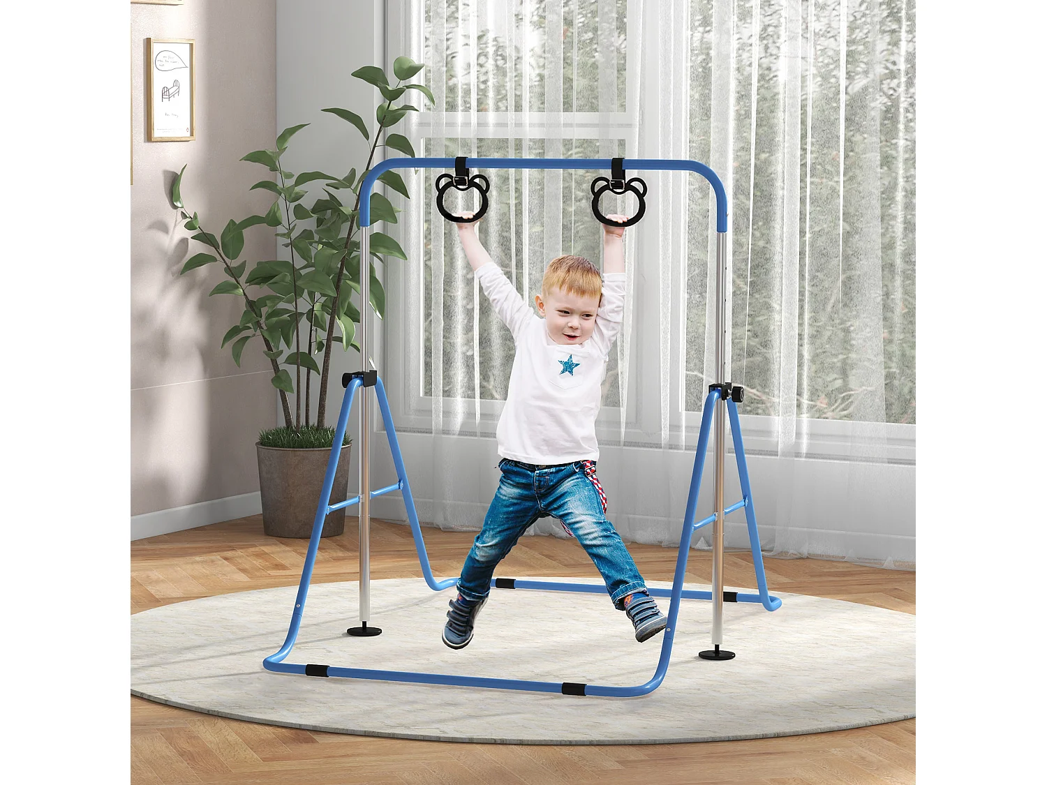 Portique d'anneaux double haubanage hauteur réglable dim. 148L x 105l x 88-128H cm acier bleu