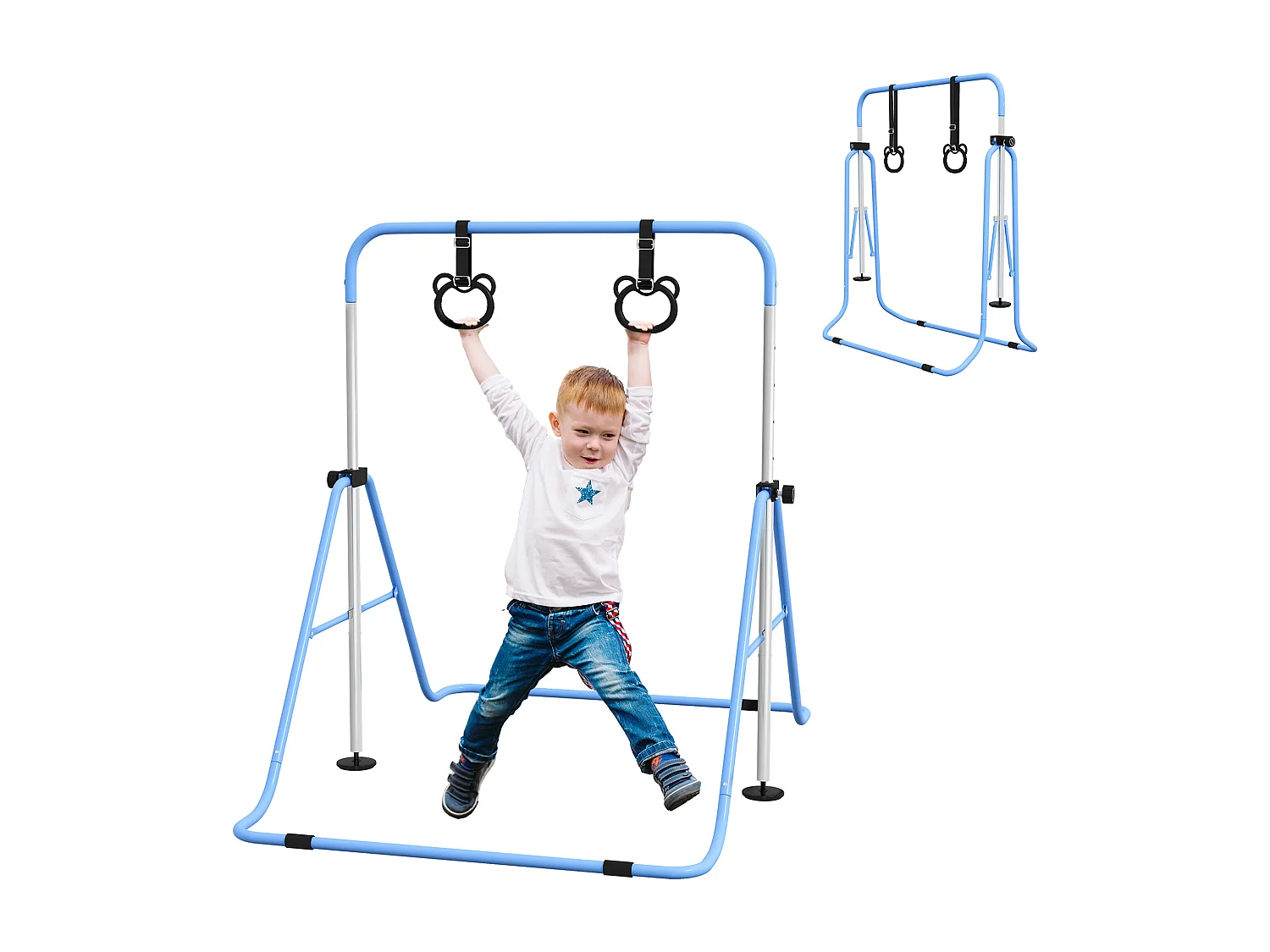 Portique d'anneaux double haubanage hauteur réglable dim. 148L x 105l x 88-128H cm acier bleu