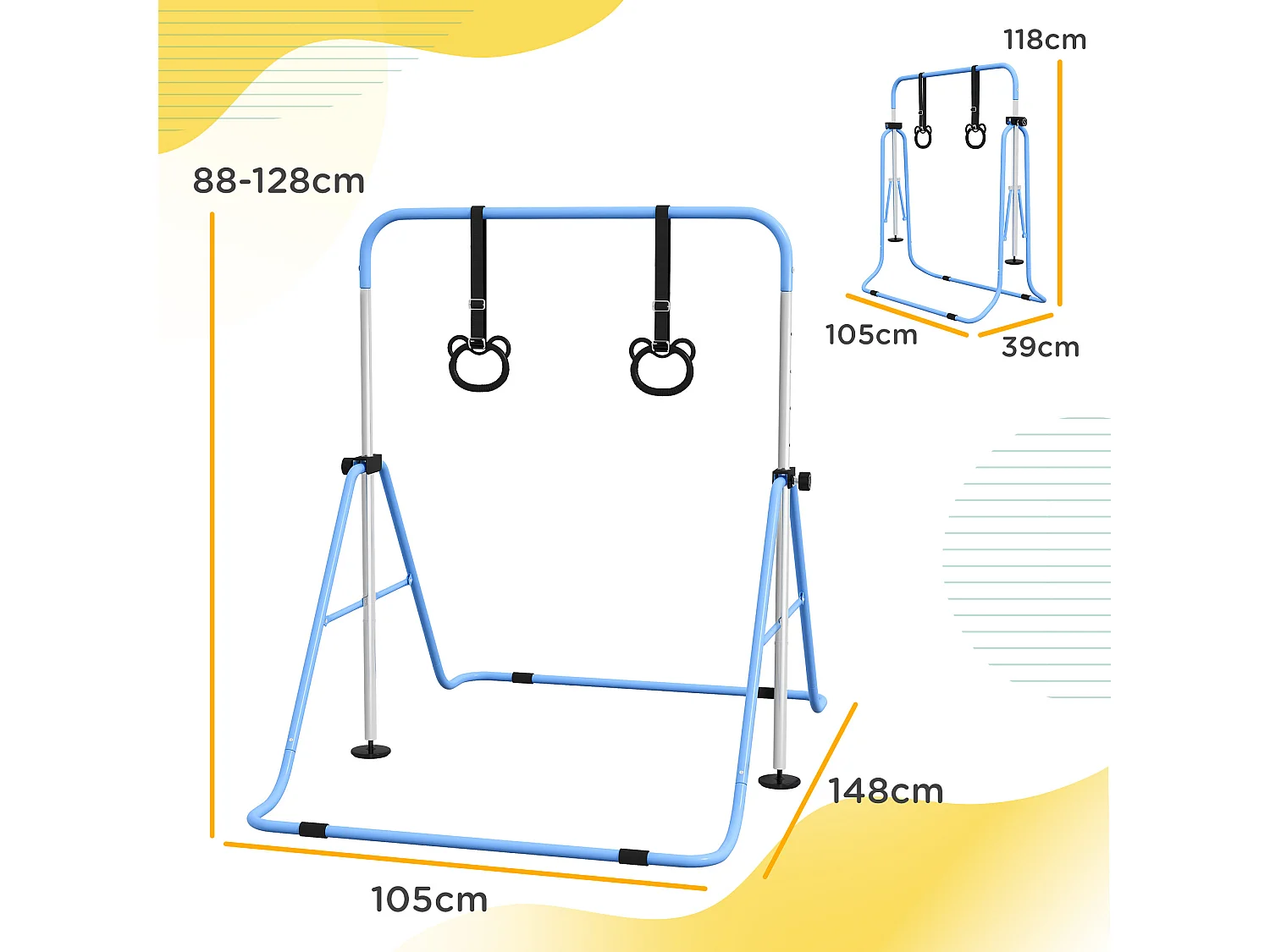 Portique d'anneaux double haubanage hauteur réglable dim. 148L x 105l x 88-128H cm acier bleu