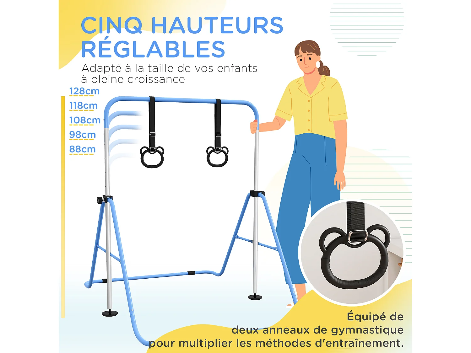 Portique d'anneaux double haubanage hauteur réglable dim. 148L x 105l x 88-128H cm acier bleu