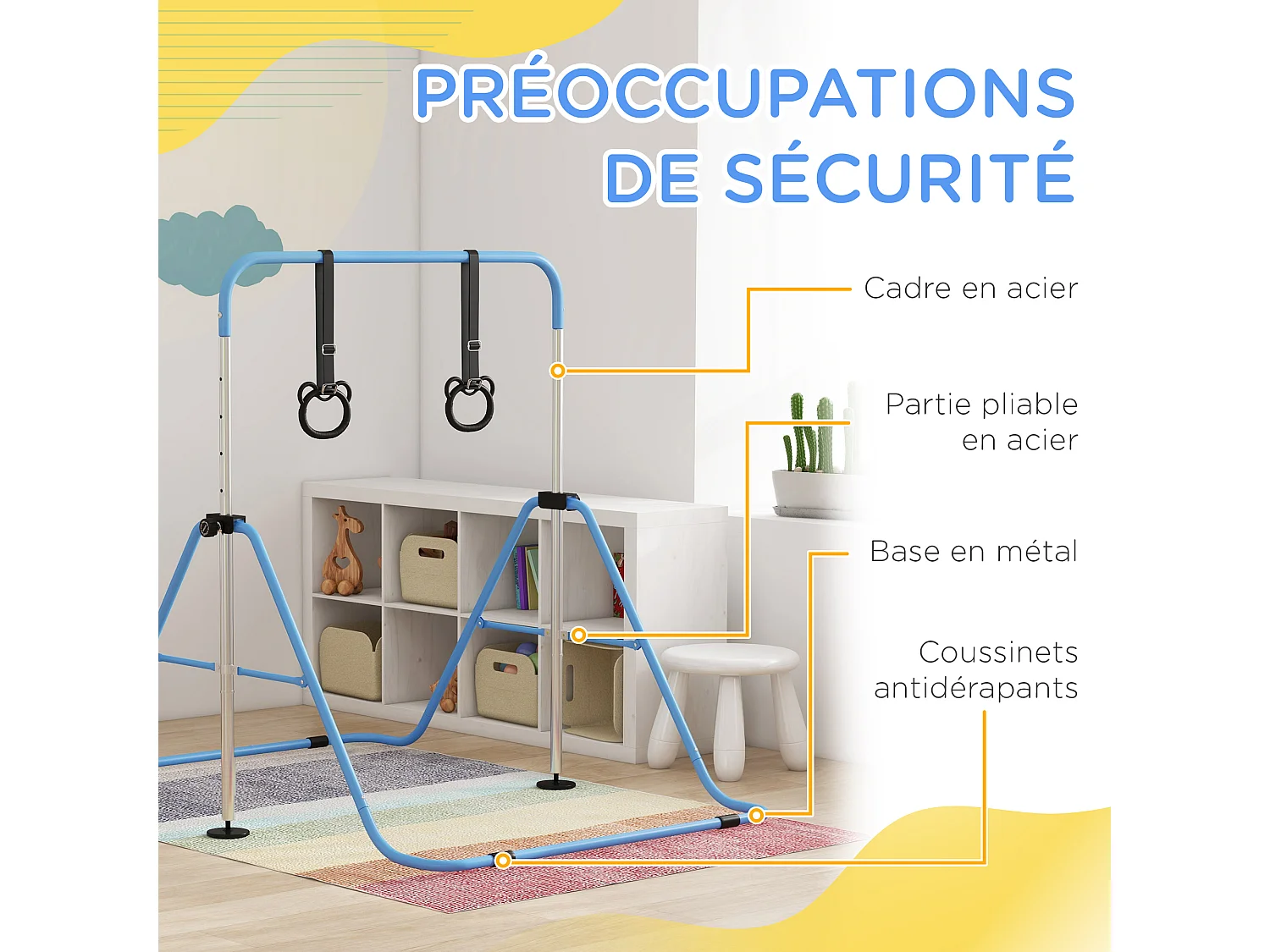 Portique d'anneaux double haubanage hauteur réglable dim. 148L x 105l x 88-128H cm acier bleu